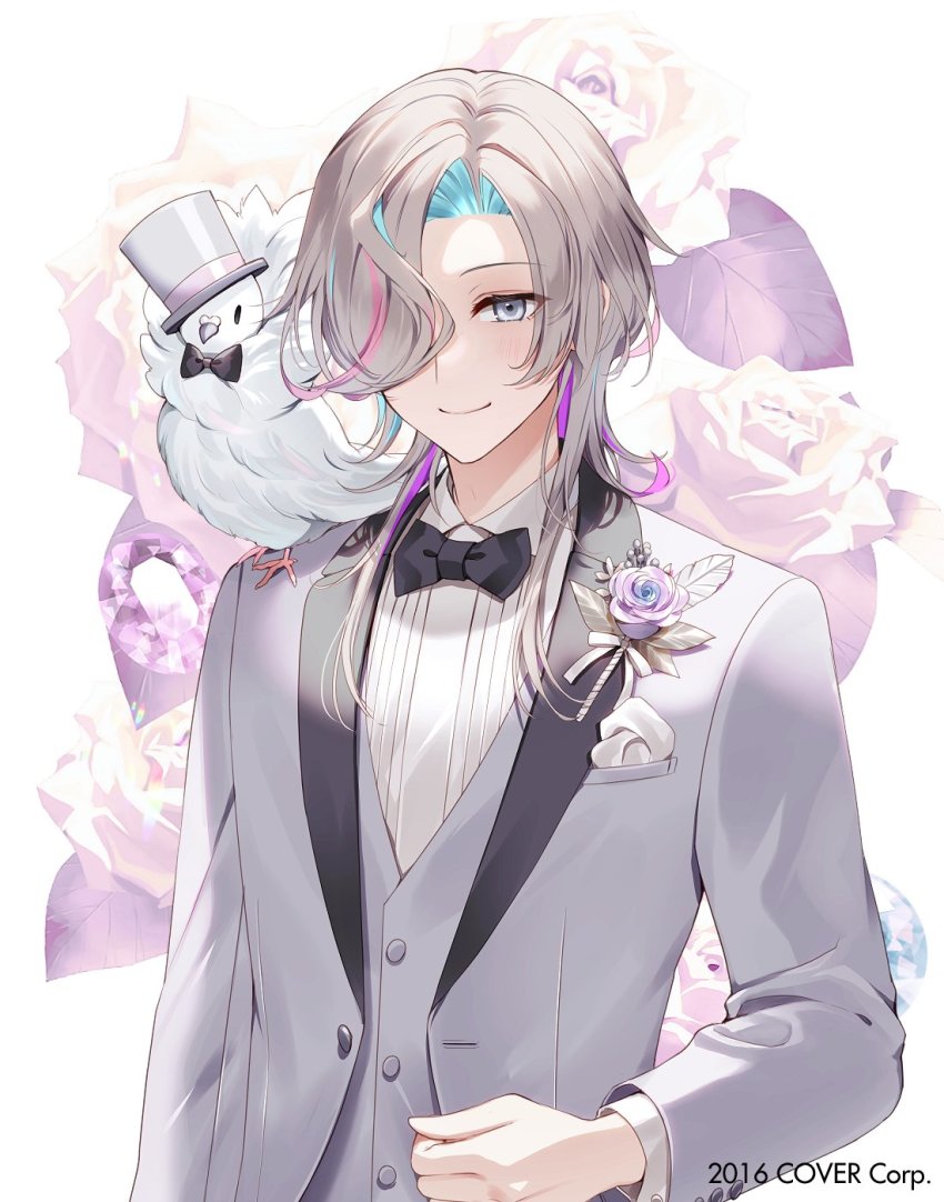 1boy, animal, animal_on_shoulder, aqua_hair, bird, bird_on_shoulder, black_bow, black_bowtie, boutonniere, bow, bowtie, buttons, clothed_animal, collared_shirt, copyright_notice, floral_background, flower, gem, grey_eyes, grey_hair, grey_jacket, grey_vest, hair_over_one_eye, hat, highres, holostars, jacket, jyako_(utsugi_uyu), looking_at_viewer, male_focus, medium_hair, momoshiki_tsubaki, official_art, pigeon, pink_flower, pink_gem, pink_hair, pink_rose, pocket_square, purple_flower, purple_hair, purple_rose, rose, shirt, smile, solo, suit_jacket, top_hat, traditional_bowtie, upper_body, utsugi_uyu, vest, virtual_youtuber, white_background, white_shirt