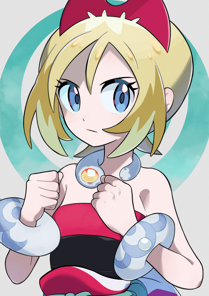 1girl, absurdres, blonde_hair, blue_eyes, bracelet, clenched_hands, closed_mouth, collar