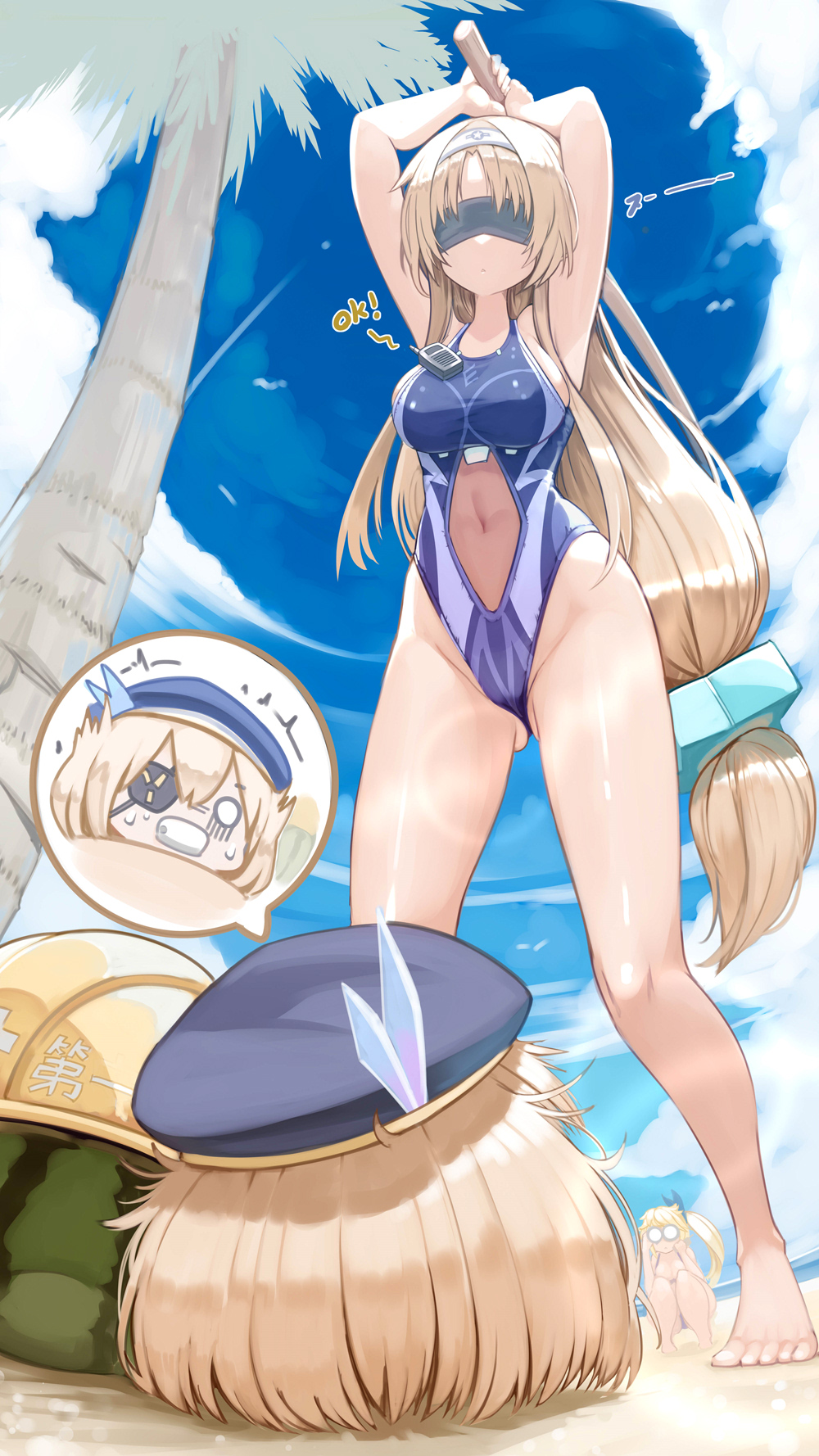 3girls, beach, black_one-piece_swimsuit, blindfold, blonde_hair, blue_one-piece_swimsuit, blue_sky, bokken