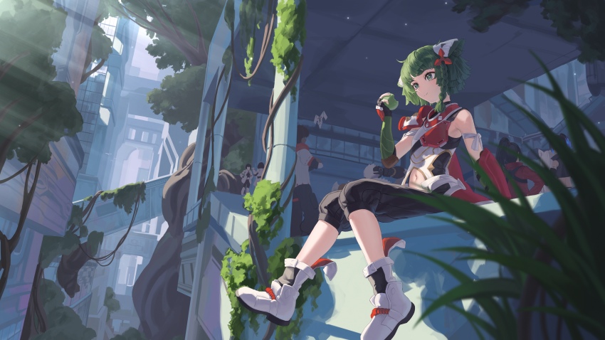 1other, 3boys, 5girls, absurdres, androgynous, animal_ears, arm_behind_head, armor, black_pants, boots, braid, cat_ears, clothing_cutout, dark-skinned_male, dark_skin, eating, eunie_(xenoblade), fingerless_gloves, food, fruit, gloves, green_eyes, green_hair, highres, juniper_(xenoblade), lanz_(xenoblade), mio_(xenoblade), multiple_boys, multiple_girls, navel, navel_cutout, noah_(xenoblade), other_focus, overgrown, pants, ponytail, rui_(rei_leyi), ruins, scarf, sena_(xenoblade), shoulder_armor, side_ponytail, sitting, taion_(xenoblade), vambraces, white_footwear, xenoblade_chronicles_(series), xenoblade_chronicles_3