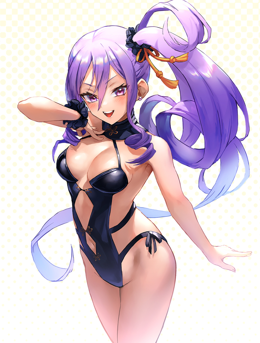 1girl, bare_shoulders, black_one-piece_swimsuit, breasts, cleavage, earrings, fate/grand_order, fate_(series)