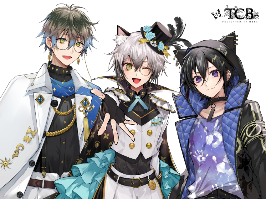 1girl, 2boys, :d, ;d, aiguillette, animal_ear_fluff, animal_ears, animal_hood, aqua_skirt, armband, artist_name, beckoning, belt, black_armband, black_belt, black_collar, black_gloves, black_hair, black_headwear, black_jacket, black_shirt, blue_capelet, blue_flower, blue_hair, blue_rose, blue_scarf, brown_belt, brown_cape, brown_hair, buttons, cape, capelet, cat_ears, cat_girl, cat_hat_ornament, cat_hood, collar, collared_shirt, commentary, creator_connection, cropped_jacket, cross_tie, double-breasted, dress_shirt, ear_piercing, earrings, eyewear_strap, fingerless_gloves, floral_print, flower, glasses, gloves, gradient_hair, green_eyes, grey_hair, hair_between_eyes, hair_ornament, hairclip, handprint, hat, hat_feather, highres, holostars, hood, hood_up, ike_eveland, ike_eveland_(1st_costume), jacket, jewelry, kanade_izuru, lapel_pin, light_smile, lightning_bolt, lightning_bolt_hair_ornament, lightning_bolt_symbol, mini_hat, mini_top_hat, monocle, multicolored_eyes, multicolored_hair, multiple_boys, nekozeno_shin, nijisanji, nijisanji_en, noripro, o-ring, one_eye_closed, open_clothes, open_jacket, open_mouth, padded_jacket, pants, patterned_clothing, piercing, pocket_watch, purple_eyes, purple_shirt, rose, round_eyewear, scarf, shirt, short_hair, showgirl_skirt, simple_background, skirt, sleeve_cuffs, slit_pupils, smile, spiked_collar, spikes, suspenders, untranslatable_commentary, t-shirt, tcb, tilted_headwear, top_hat, turtleneck, upper_body, virtual_youtuber, watch, white_background, white_capelet, white_jacket, white_pants, yellow_eyes, zipper