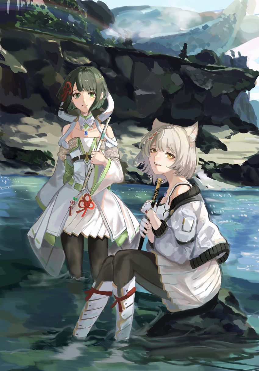 2girls, absurdres, animal_ears, black_hair, cat_ears, cliff, dress, fangs