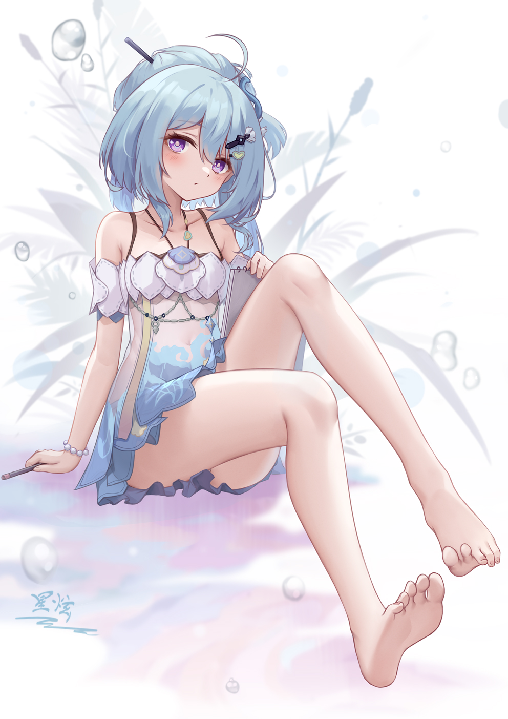 1girl, barefoot, blue_hair, blush, feet, griseo, griseo_(starry_impression), griseo_(summer_as_a_painting), highres, honkai_(series), honkai_impact_3rd, long_hair, looking_at_viewer, notepad, purple_eyes, soles, toes