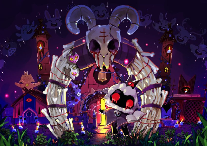 :d, ^_^, animal_skull, bell, black_skin, blood, bloody_tears, bone, book, building, candle, cape, closed_eyes, colored_skin, commentary_request, cult_of_the_lamb, full_body, goat_horns, halo, heart, highres, holding, holding_book, horns, kane_mune, looking_at_viewer, no_humans, open_book, open_mouth, plant, purple_cape, ram_skull, red_eyes, shrine, smile, teeth, the_lamb_(cult_of_the_lamb), upper_teeth_only, vines