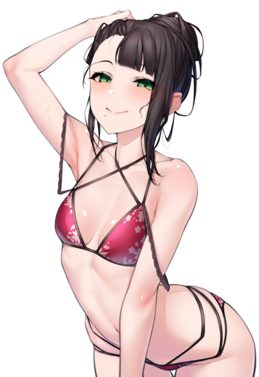 1girl, absurdres, arched_back, armpits, bare_shoulders, bikini, black_hair, bra