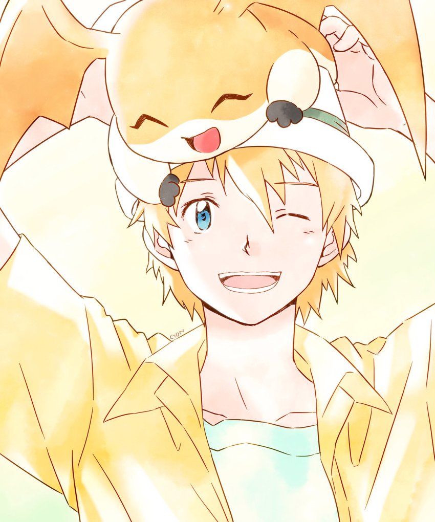 1boy, :d, arms_up, blue_eyes, brown_hair, collarbone, digimon, digimon_(creature)