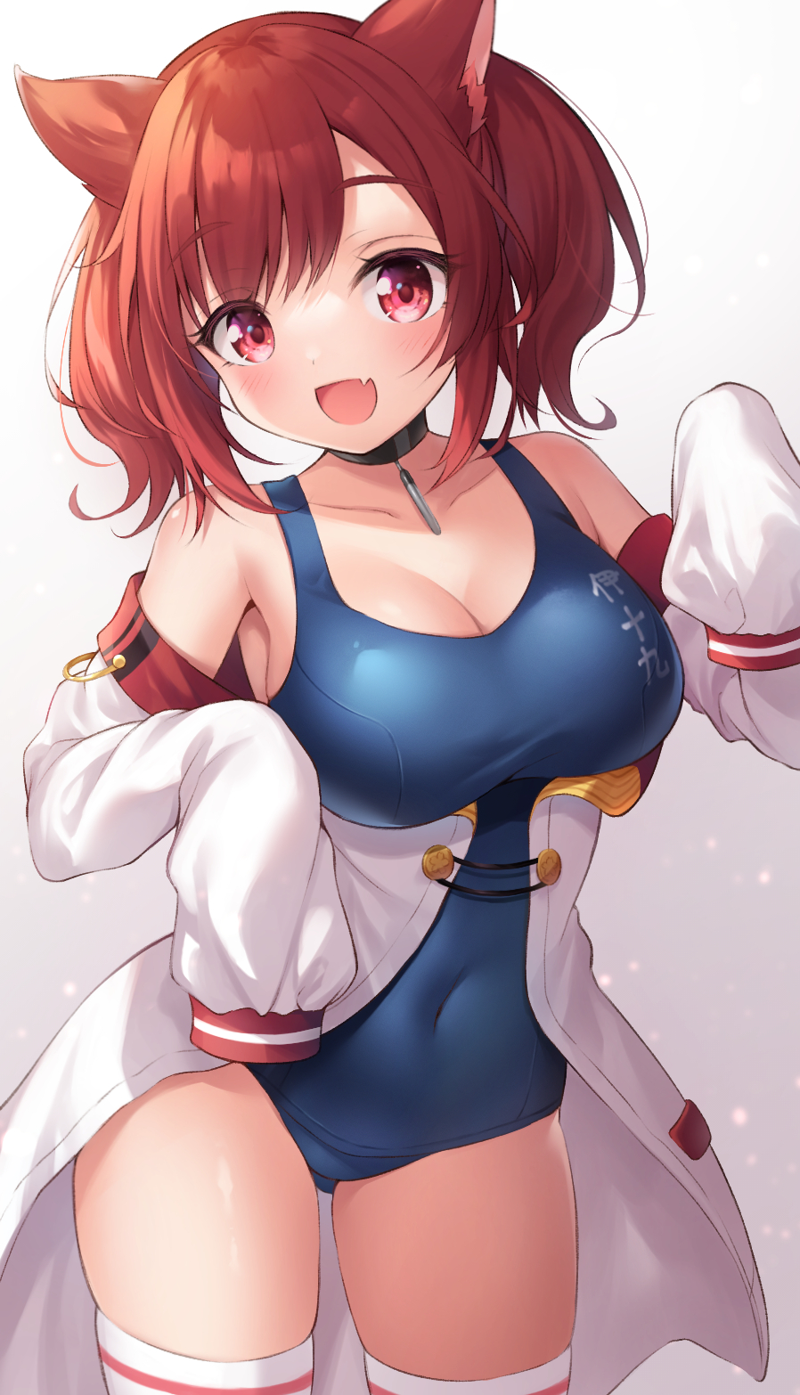 1girl, animal_ears, azur_lane, bare_shoulders, black_choker, blue_one-piece_swimsuit, blush, breasts, brown_hair, choker, cleavage, collarbone, covered_navel, fang, highres, i-19_(azur_lane), large_breasts, long_sleeves, looking_at_viewer, medium_hair, off_shoulder, one-piece_swimsuit, open_mouth, pink_eyes, sakuba_nao, skin_fang, sleeves_past_fingers, sleeves_past_wrists, smile, swimsuit, thighhighs, thighs, white_thighhighs