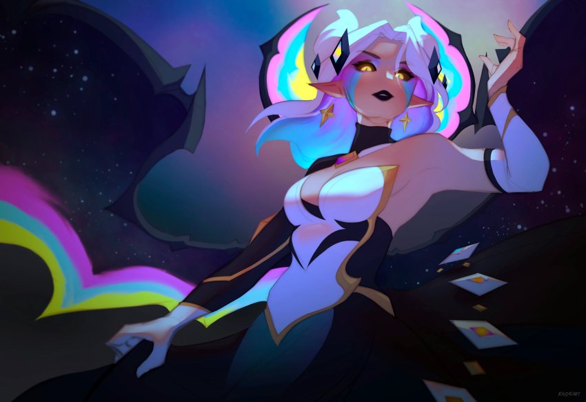 1girl, absurdres, armpits, bare_shoulders, black_lips, blue_hair, breasts, brown_sclera, cleavage, colored_sclera, detached_sleeves, dress, earrings, from_below, gem, glowing, glowing_eyes, highres, jewelry, large_breasts, league_of_legends, long_hair, long_sleeves, looking_at_viewer, morgana_(league_of_legends), multicolored_hair, pointy_ears, raida_(raidasart), space, star_(symbol), star_earrings, star_nemesis_morgana, white_hair, wings