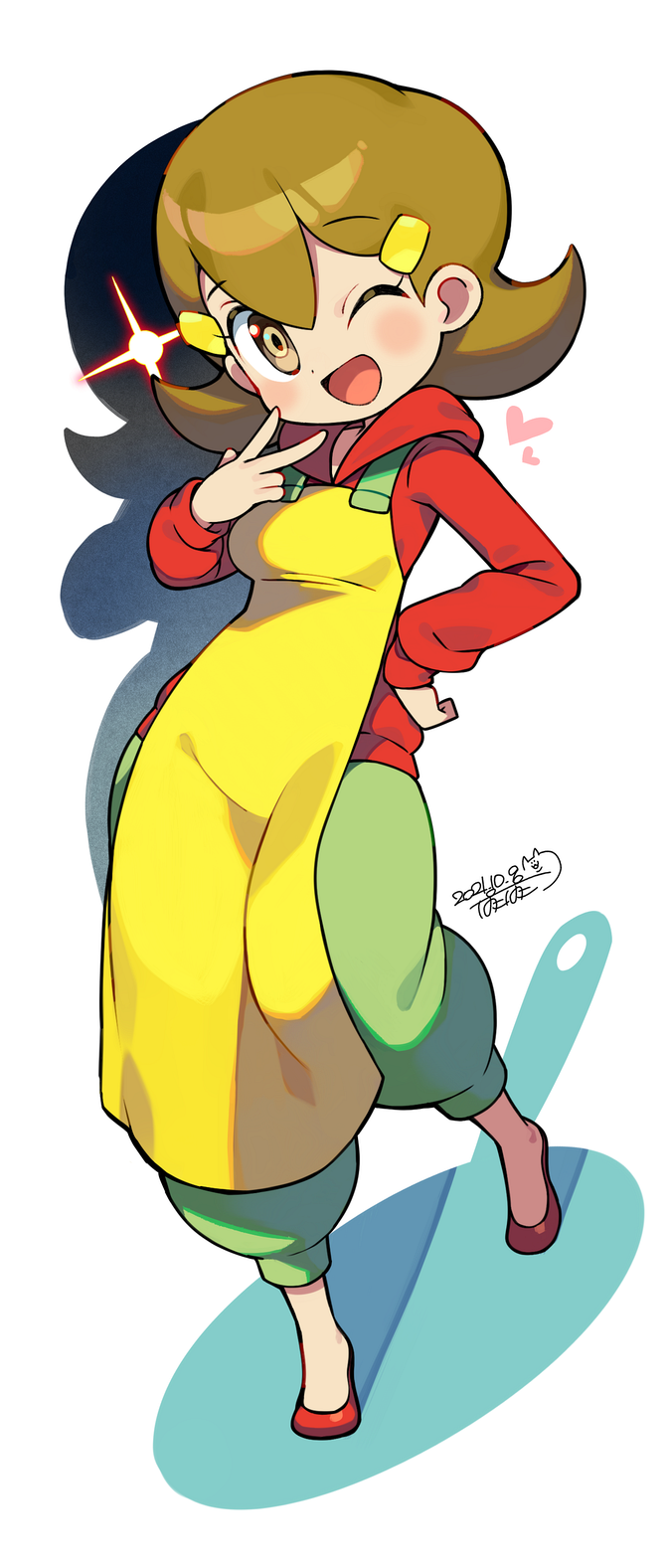 1girl, 5-volt, apron, blush, brown_eyes, brown_hair, dated, full_body, hair_ornament, hairclip, hand_on_own_hip, highres, hood, hoodie, iroyopon, long_sleeves, looking_at_viewer, nintendo, one_eye_closed, open_mouth, red_footwear, red_hoodie, short_hair, signature, smile, solo, v, warioware, warioware:_get_it_together!, yellow_apron