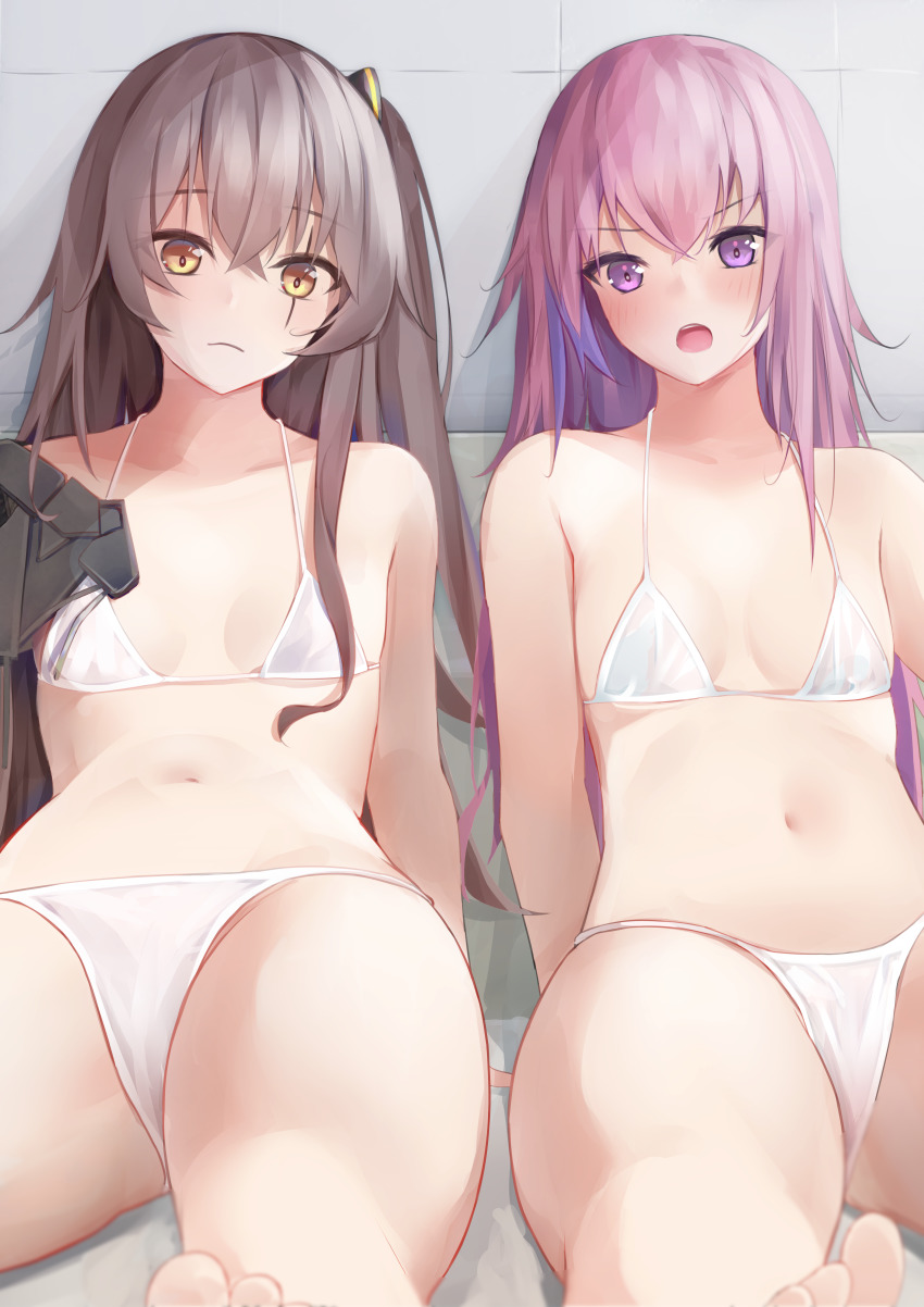 2girls, absurdres, bikini, blue_eyes, breasts, brown_eyes, girls'_frontline, grey_hair, hair_between_eyes, highres, kotoha_(kotoha65), mechanical_arms, micro_bikini, mod3_(girls'_frontline), multicolored_hair, multiple_girls, one_side_up, pink_hair, scar, scar_across_eye, scar_on_face, single_mechanical_arm, sitting, small_breasts, st_ar-15_(girls'_frontline), st_ar-15_(mod3)_(girls'_frontline), streaked_hair, swimsuit, ump45_(girls'_frontline), ump45_(mod3)_(girls'_frontline)