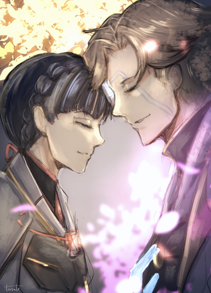 1boy, 1girl, absurdres, armor, braid, closed_eyes, facial_mark, floral_background