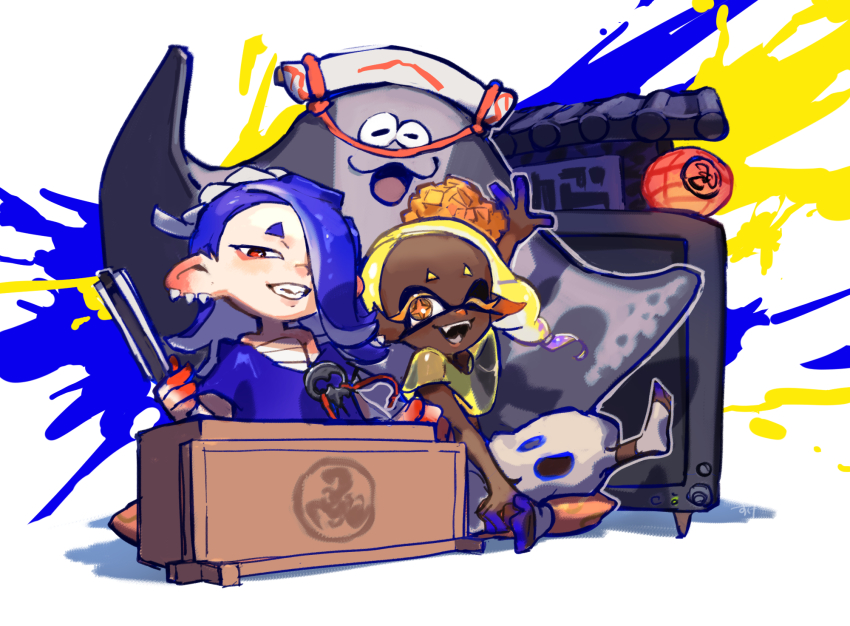 1boy, 2girls, ;d, big_man_(splatoon), blonde_hair, blue_hair, blue_skin, chest_sarashi