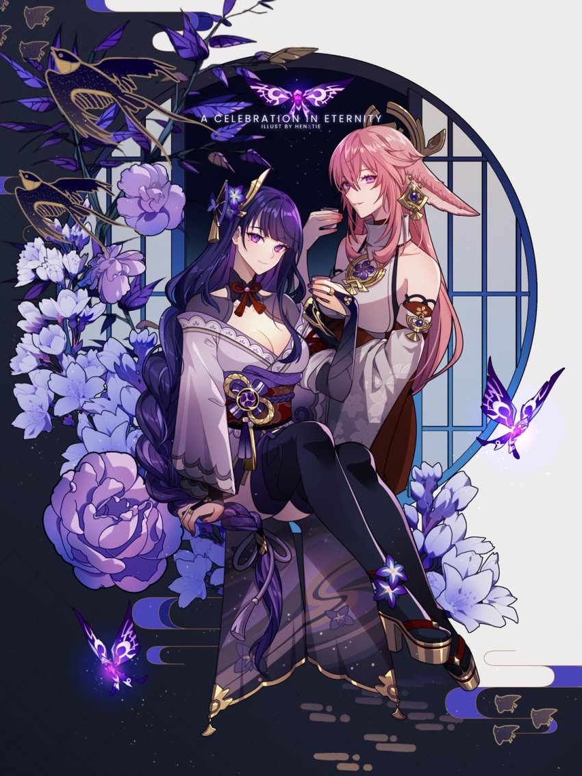 2girls, animal_ears, arm_up, braid, breasts, bridal_gauntlets, cleavage, closed_mouth