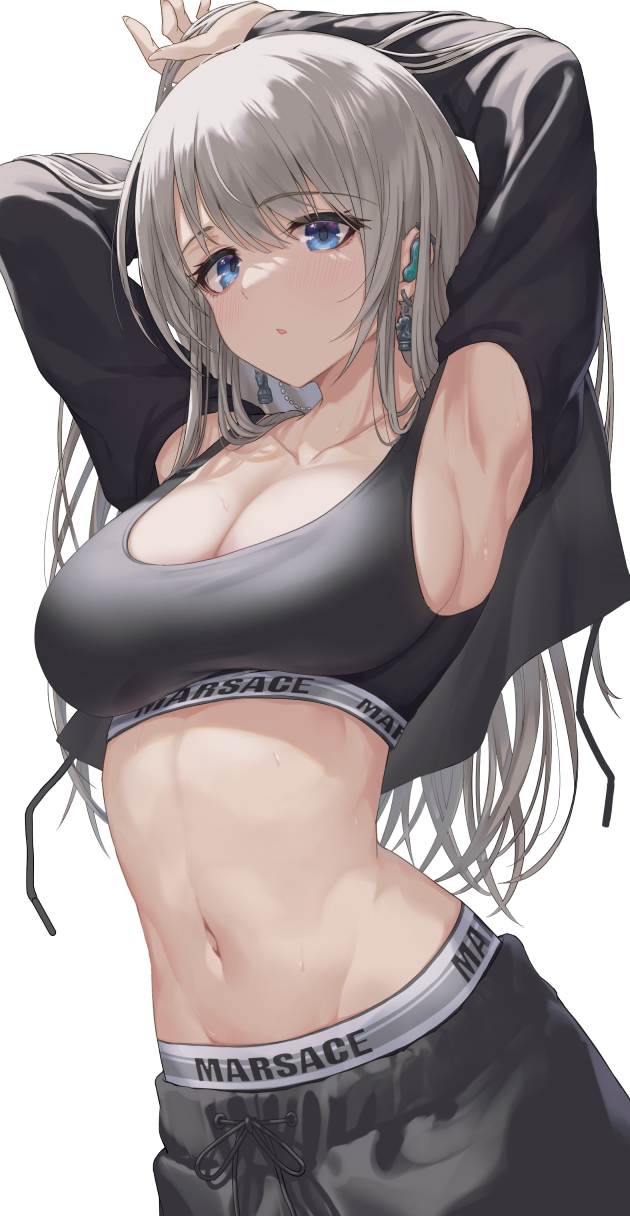 1girl, :o, armpits, arms_up, black_jacket, blue_eyes, blush, breasts