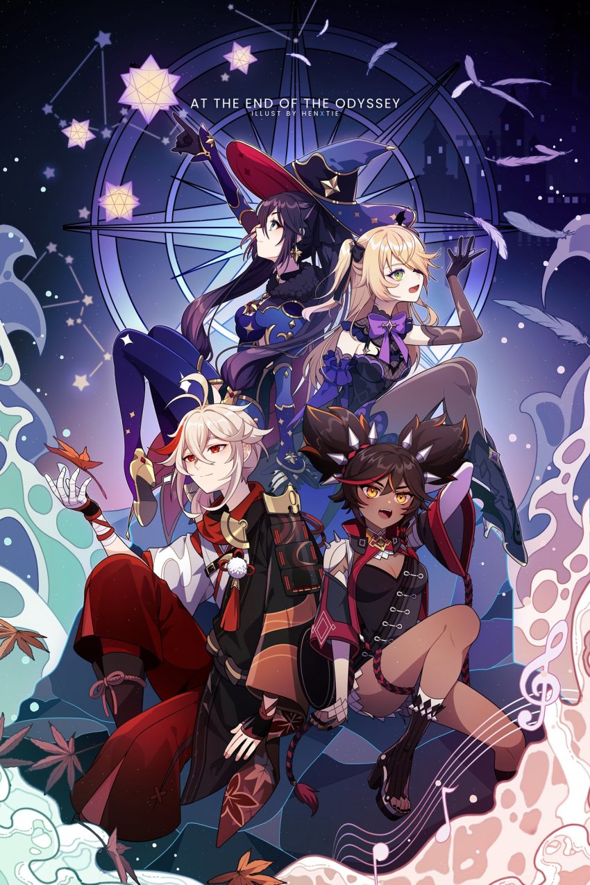 1boy, 3girls, antenna_hair, armor, asymmetrical_sleeves, bandaged_arm, bandages, black_hair