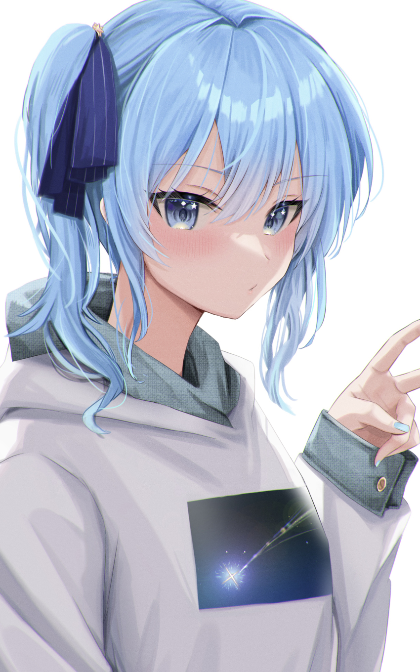 1girl, absurdres, blue_eyes, blue_hair, blue_nails, blush, casual, hair_ribbon, highres, hololive, hood, hoodie, hoshimachi_suisei, looking_at_viewer, medium_hair, nail_polish, otsu_hai18, parted_lips, ribbon, shooting_star, side_ponytail, simple_background, star_in_mouth, upper_body, v, virtual_youtuber, white_background