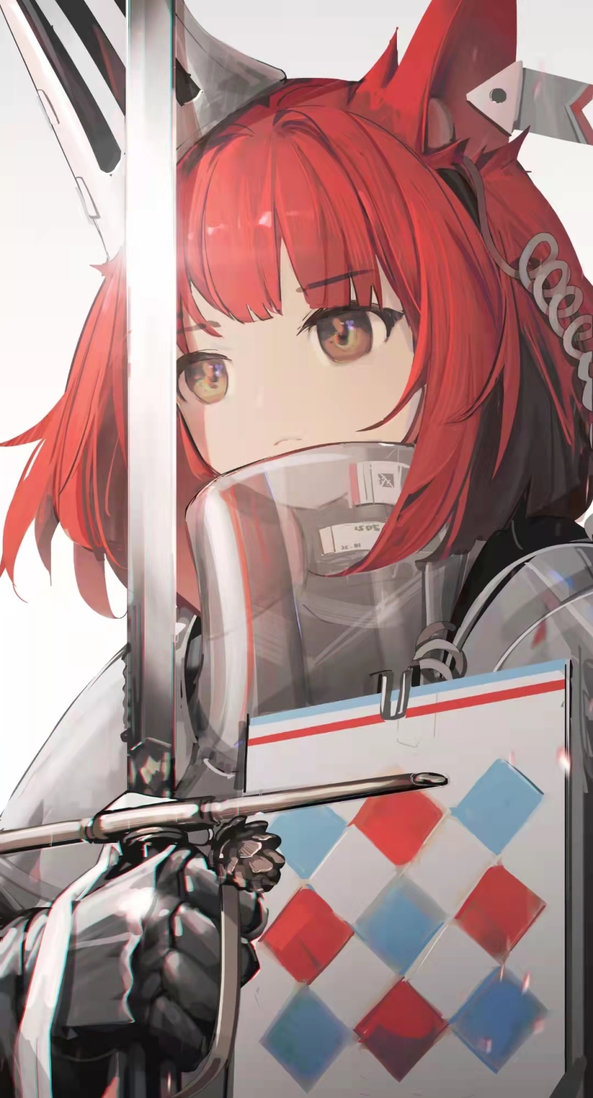 1girl, animal_ears, arknights, armor, brown_eyes, closed_mouth, earpiece, flametail_(arknights), gauntlets, gloves, hat, highres, qiumoyixing, red_hair, shield, sidelocks, solo, squirrel_ears, squirrel_girl, sword, weapon