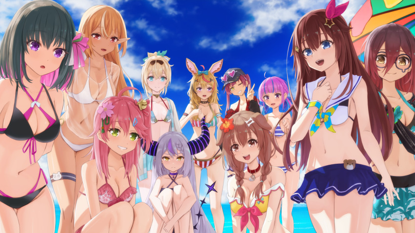6+girls, ahoge, animal_ears, azki_(hololive), bikini, bikini_skirt, black_hair, blonde_hair