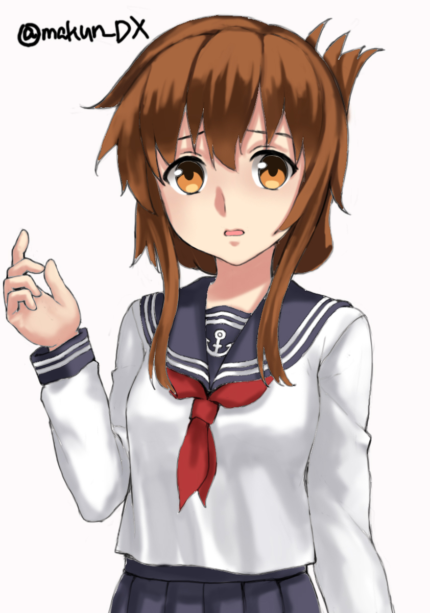 1girl, anchor_symbol, black_sailor_collar, black_skirt, brown_eyes, brown_hair, folded_ponytail, highres
