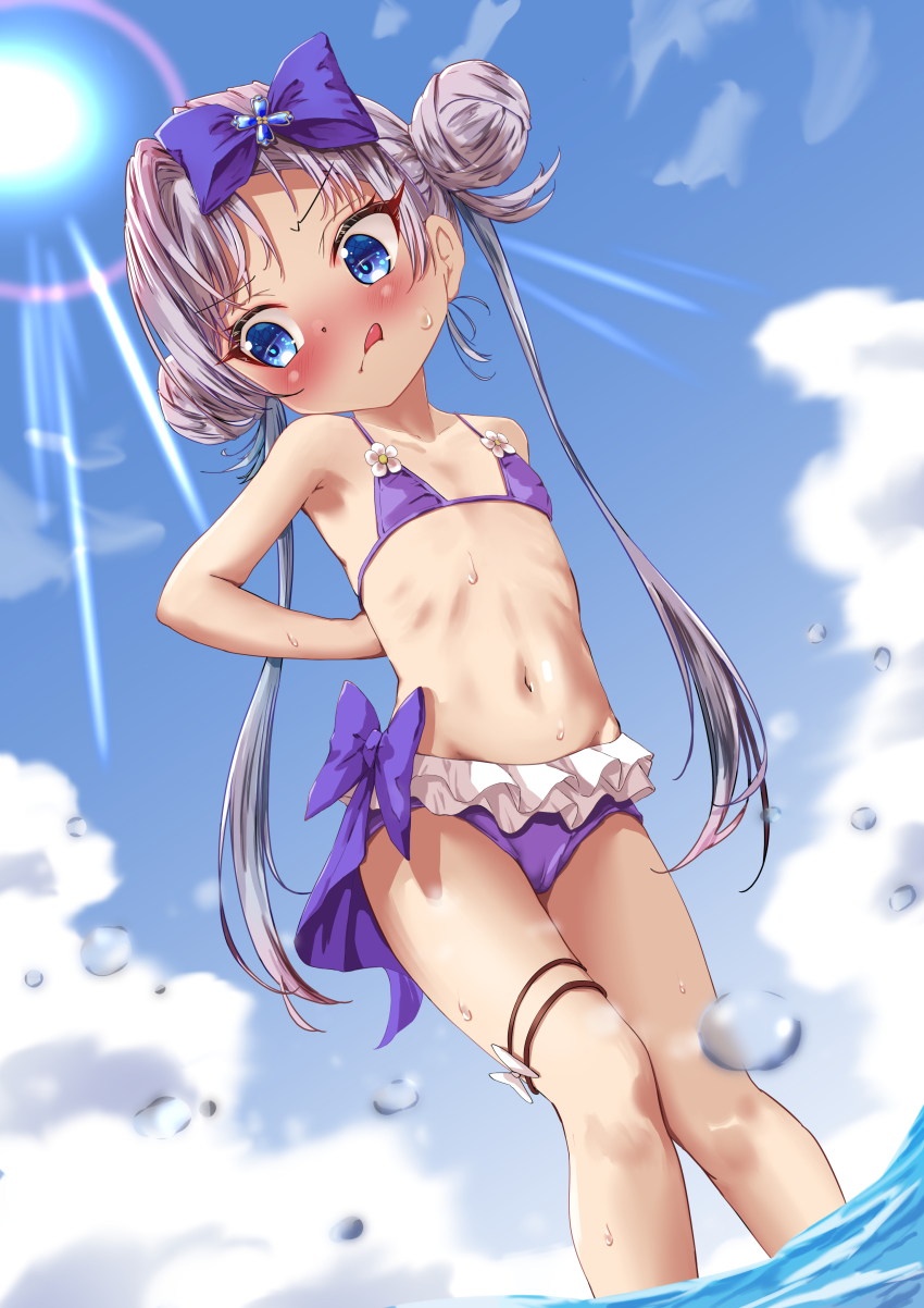 1girl, :p, absurdres, arms_behind_back, bikini, blue_eyes, blush, bow, breasts, cameltoe, cloud, double_bun, feet_out_of_frame, female_focus, flat_chest, hair_bow, hair_bun, hair_intakes, highres, loli, long_hair, magia_record:_mahou_shoujo_madoka_magica_gaiden, mahou_shoujo_madoka_magica, micro_bikini, navel, outdoors, purple_bikini, purple_hair, ribbon, sky, solo, swimsuit, thighs, tongue, tongue_out, twintails, wading, water, yakumo_mikage, yappariga