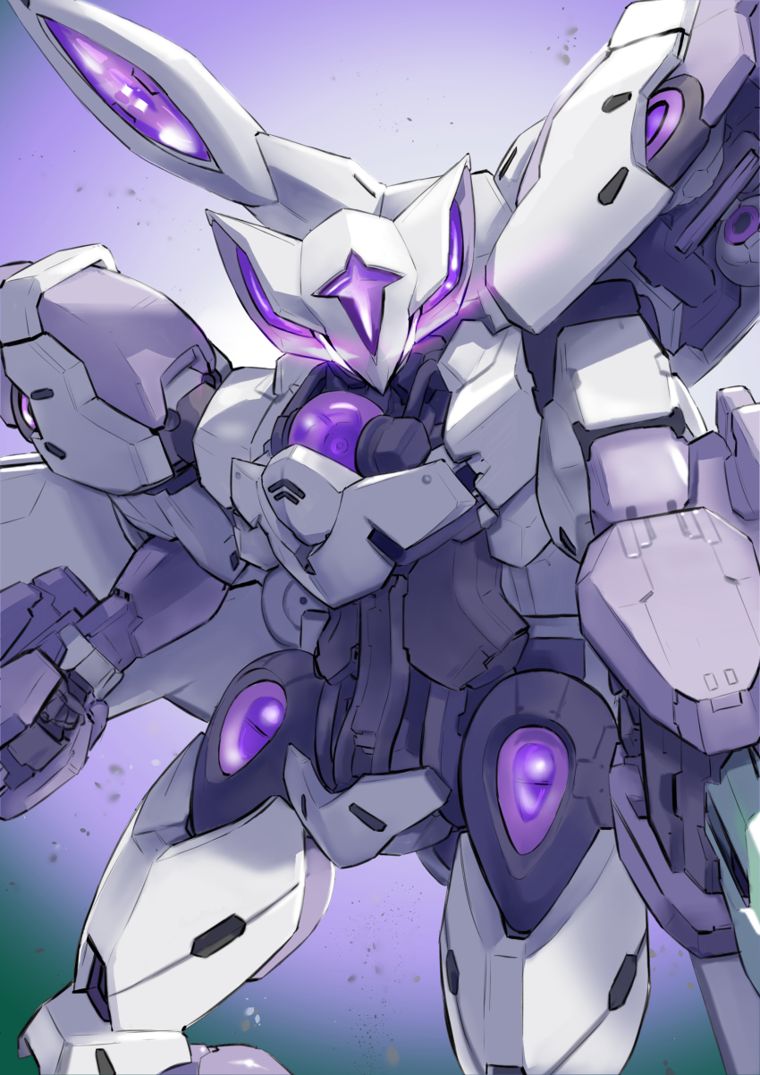 absurdres, beguir-beu, cowboy_shot, glowing, glowing_eyes, gradient_background, gundam, gundam_suisei_no_majo, highres, mecha, mobile_suit, ni~tsu_kashi, no_humans, purple_background, robot, science_fiction, thrusters, visor