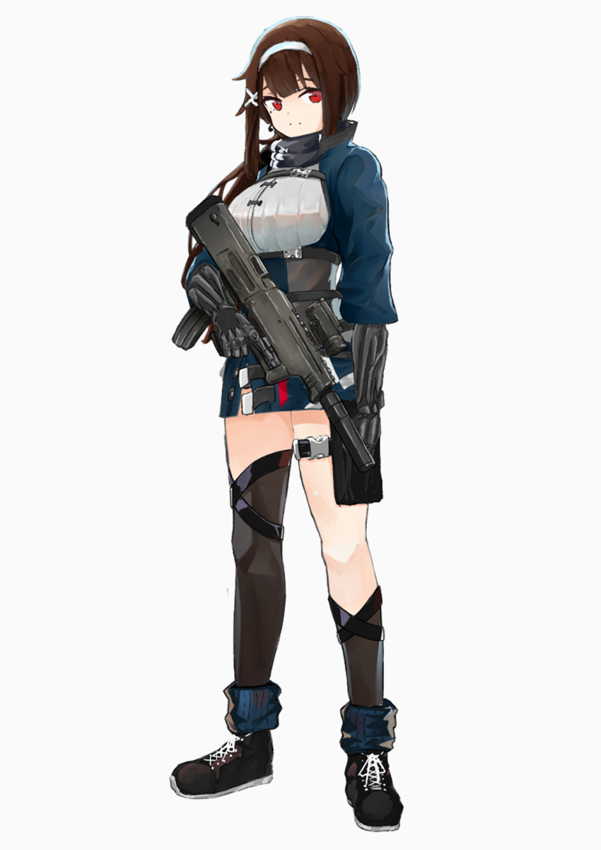 1girl, blue_jacket, breasts, brown_hair, bullpup, full_body, girls'_frontline, gun
