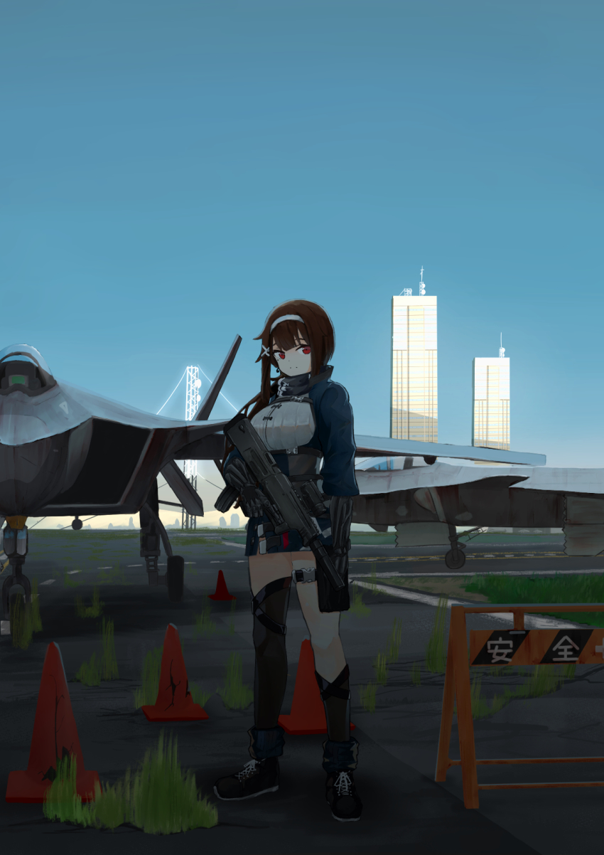 1girl, aircraft, airplane, blue_jacket, blue_sky, breasts, brown_hair, building