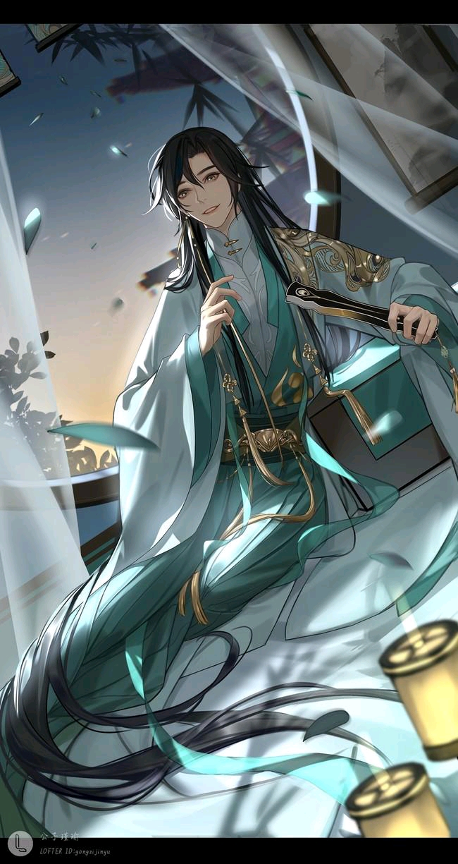 1boy, baiyishaonianlang91803, brown_hair, chinese_clothes, curtains, dress, earrings, falling_leaves, folding_fan, green_dress, hand_fan, hanfu, highres, holding, holding_fan, jewelry, leaf, lens_flare, long_hair, long_sleeves, looking_at_viewer, male_focus, modao_zushi, nie_huaisang, single_earring, sitting, solo, very_long_hair, wind