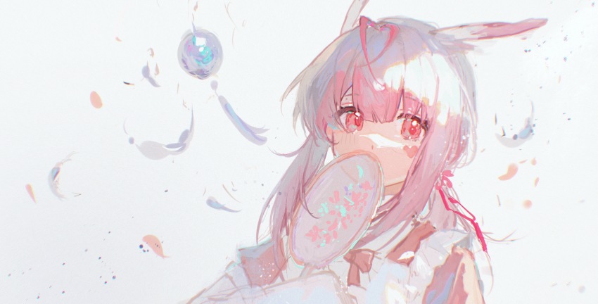 1girl, absurdres, ahoge, apron, facial_mark, hand_fan, heart, heart_ahoge