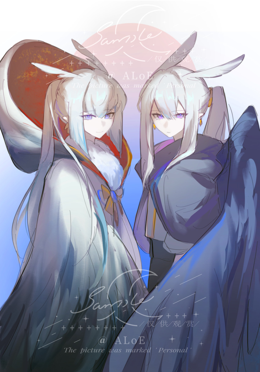 2girls, aloe0421, blunt_bangs, grey_hair, highres, jewelry, looking_at_viewer, mimizuku_(sky:_children_of_the_light), multiple_girls, pointy_hair, ponytail, purple_eyes, sample_watermark, sky:_children_of_the_light, watermark, white_hair