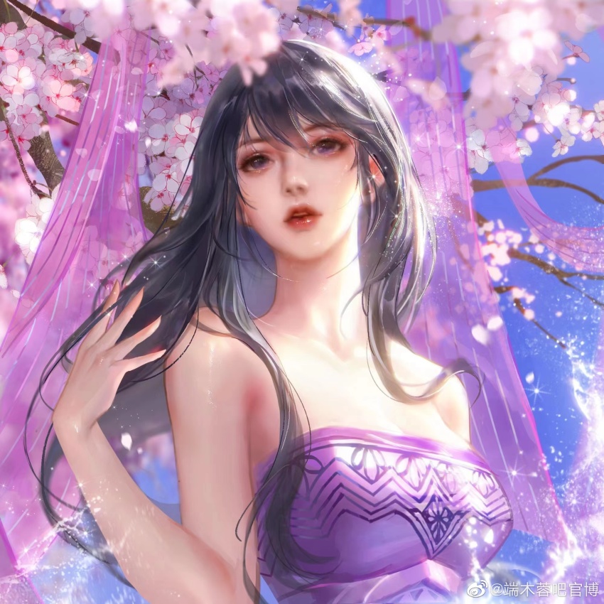 1girl, artist_request, bare_shoulders, blue_sky, branch, cherry_blossoms, dress, duanmu_rong_(qin_shi_ming_yue)