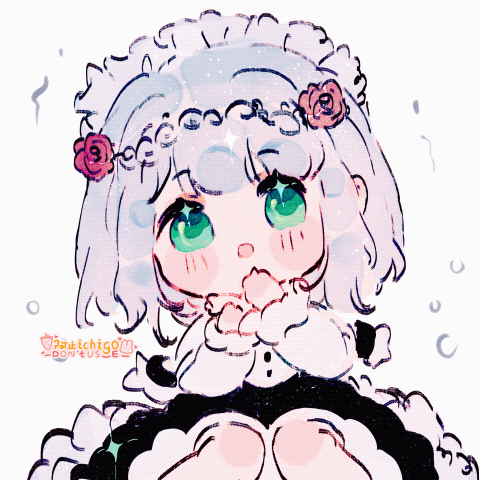 1girl, animated, animated_gif, apron, azhiichigo, blunt_bangs, braid, braided_bangs, chibi, flower, gauntlets, genshin_impact, green_eyes, grey_hair, hair_between_eyes, looking_at_viewer, lowres, maid, maid_apron, noelle_(genshin_impact), red_flower, red_rose, rose, short_hair, solo, waist_apron, white_apron