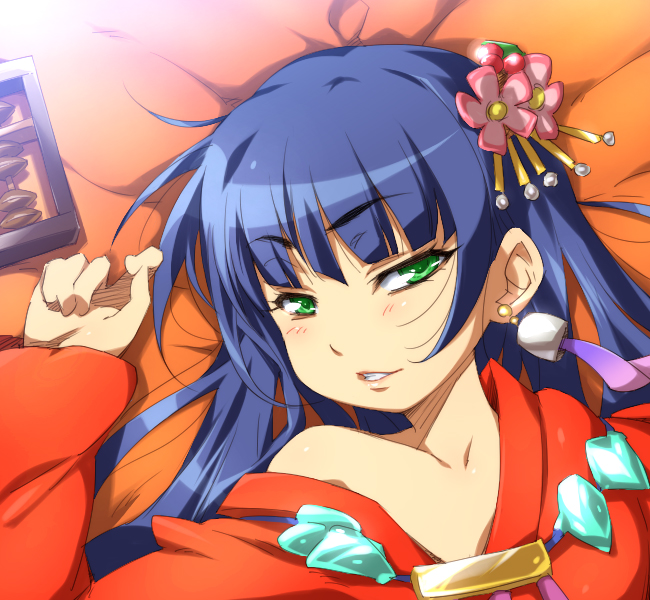1girl, abacus, atlus, bare_shoulders, blue_hair, etrian_odyssey, female_focus, flower, green_eyes, hair_flower, hair_ornament, hairu, long_hair, lying, napier, naughty_face, off_shoulder, on_back, sekaiju_no_meikyuu, sekaiju_no_meikyuu_3, smile, solo