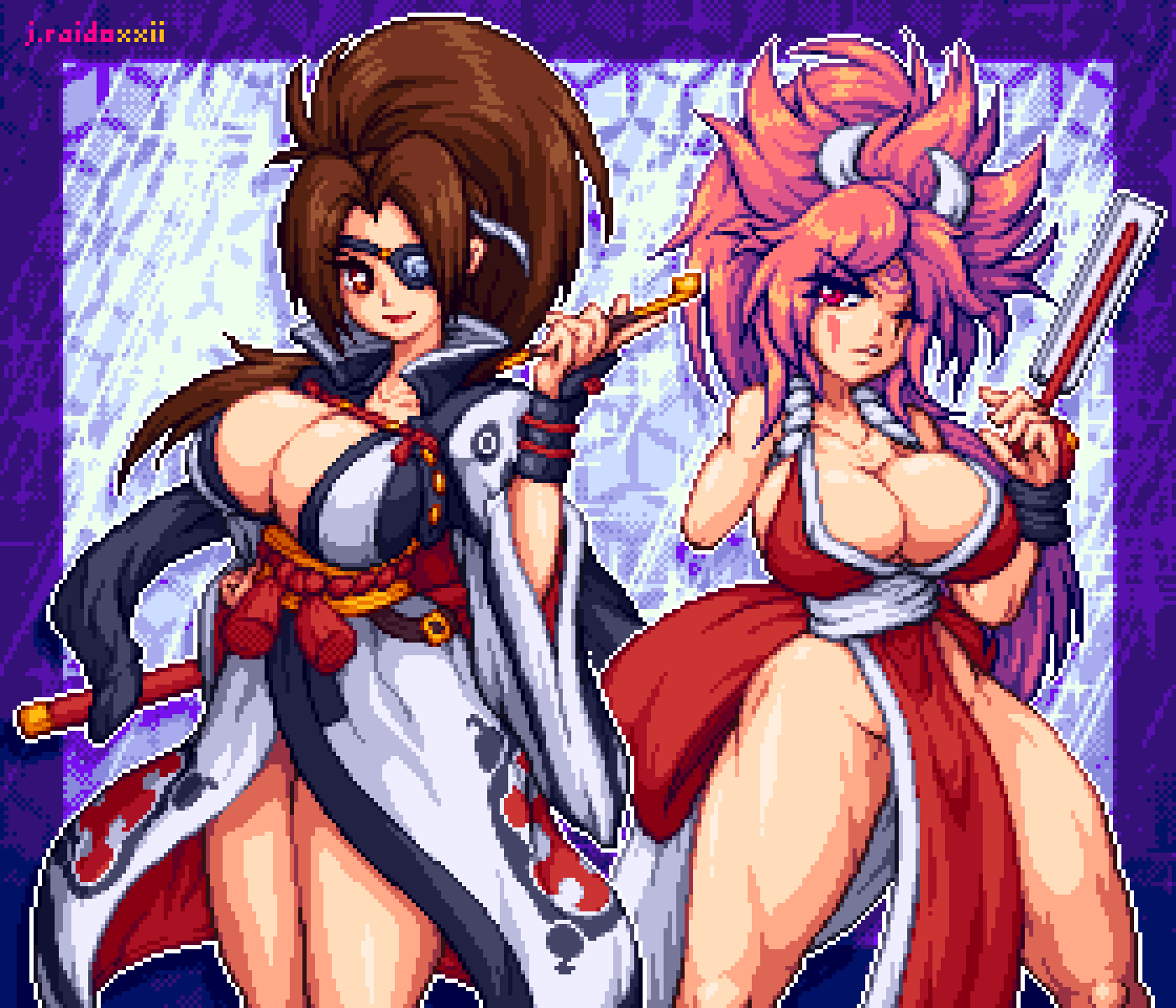 2girls, baiken, breasts, brown_hair, cleavage, clothes_swap, crossover, eyepatch, facepaint, fatal_fury, guilty_gear, hand_fan, highres, j_raido, japanese_clothes, kimono, large_breasts, multiple_girls, pink_hair, ponytail, scar, shiranui_mai, smoking_pipe, sword, the_king_of_fighters, weapon