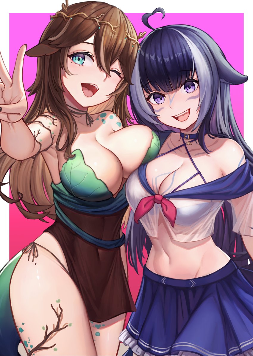 2girls, absurdres, ahaha_kun, aqua_eyes, arms_around_another's_back, asymmetrical_docking, bikini, bikini_under_clothes, blue_hair, breast_press, breasts, brown_hair, cetacean_tail, cleavage, clothing_cutout, covered_navel, cowboy_shot, criss-cross_halter, crop_top, dark_blue_hair, fins, fish_tail, halterneck, highres, hip_vent, hug, indie_virtual_youtuber, large_breasts, linea_alba, long_hair, looking_at_viewer, miniskirt, mole, mole_on_breast, multicolored_hair, multiple_girls, narrow_waist, navel, one_eye_closed, panties, panty_straps, purple_eyes, reaching, reaching_towards_viewer, school_uniform, see-through_clothes, see-through_shirt, serafuku, shirt, shylily, shylily_(1st_costume), side-tie_panties, side_slit, skirt, smile, streaked_hair, sugi_aoki, swimsuit, tail, tareme, underwear, v, very_long_hair, virtual_youtuber, whale_girl