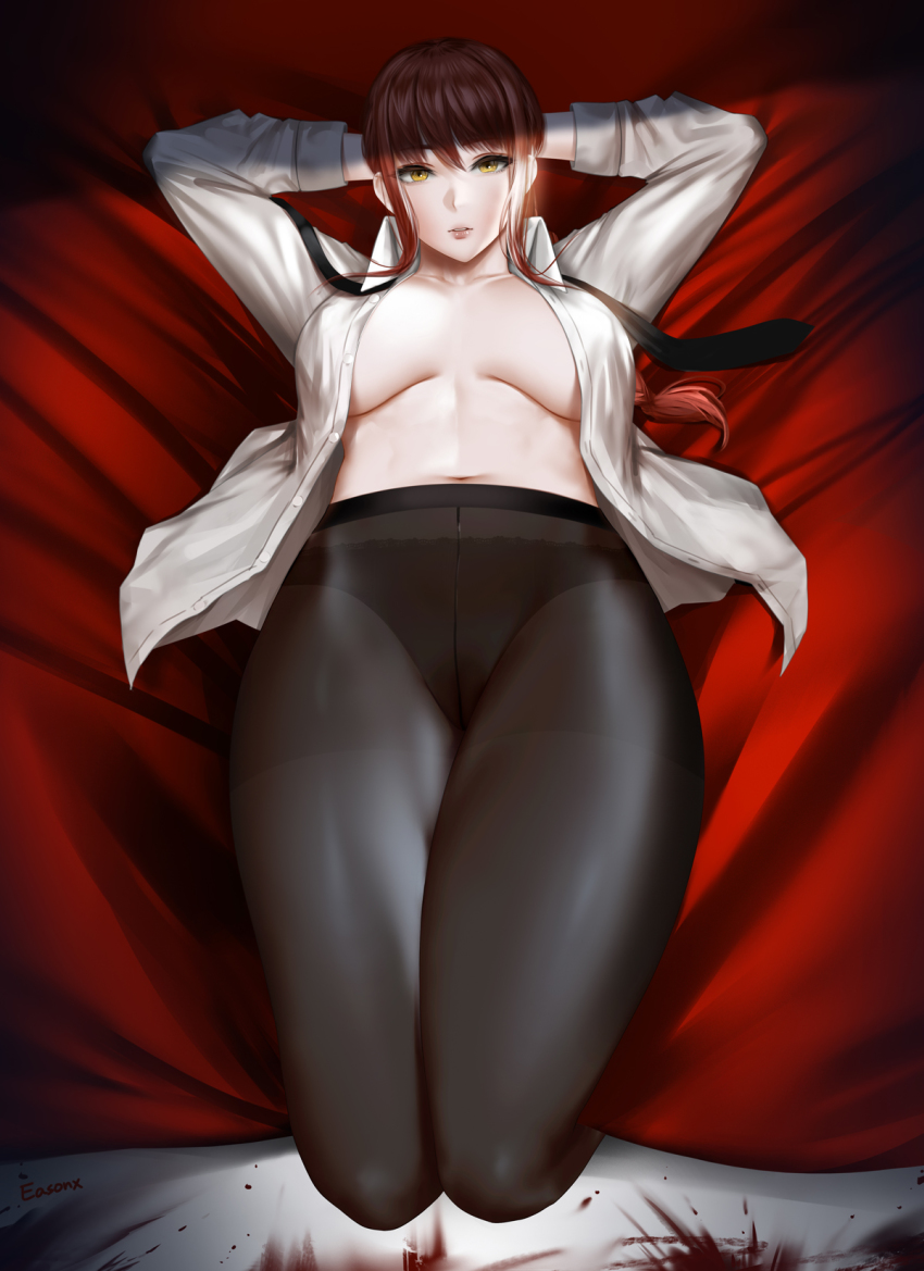 1girl, arms_behind_head, bed, black_necktie, blood, blood_splatter, blood_stain, breasts, breasts_apart, chainsaw_man, easonx, highres, lying, makima_(chainsaw_man), navel, necktie, panties, pantyhose, parted_lips, red_sheet, see-through_clothes, shirt, solo, stomach, teeth, thighs, underwear, white_shirt, yellow_eyes