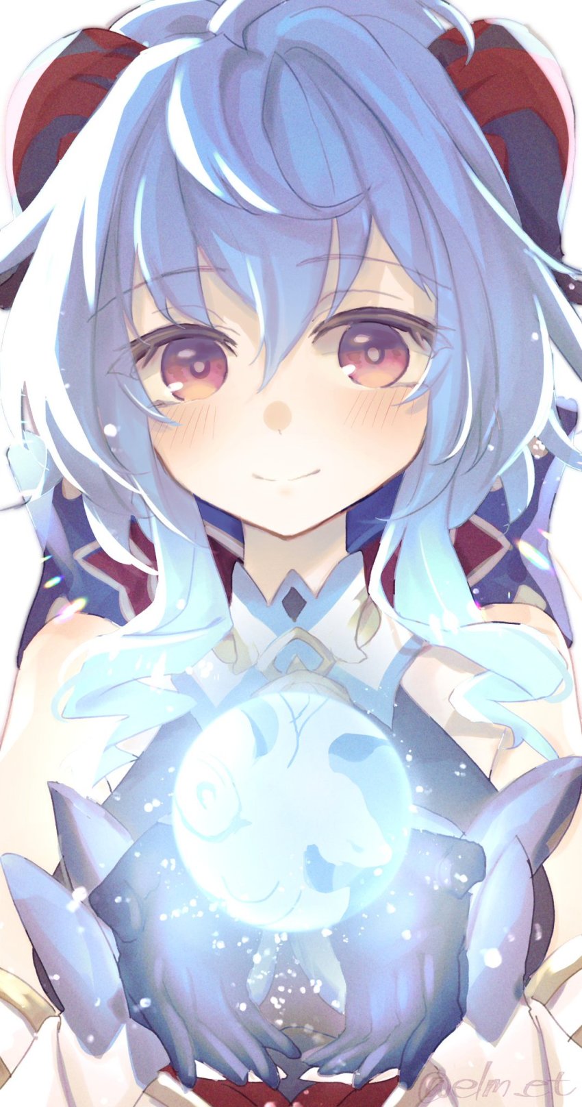 1girl, artist_name, bare_shoulders, blue_gloves, blue_hair, blush, ganyu_(genshin_impact), genshin_impact