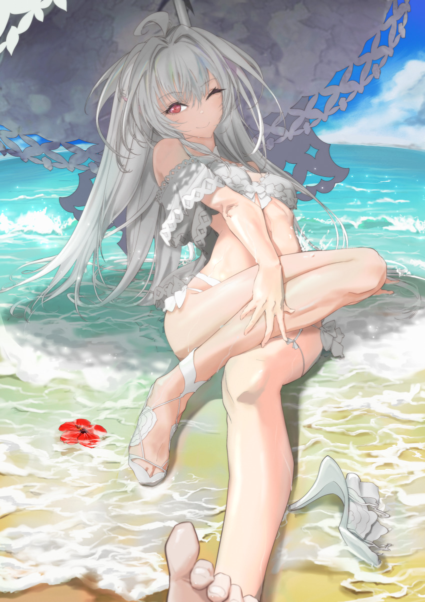 1girl, absurdres, ahoge, bare_shoulders, beach, bikini, breasts, cleavage