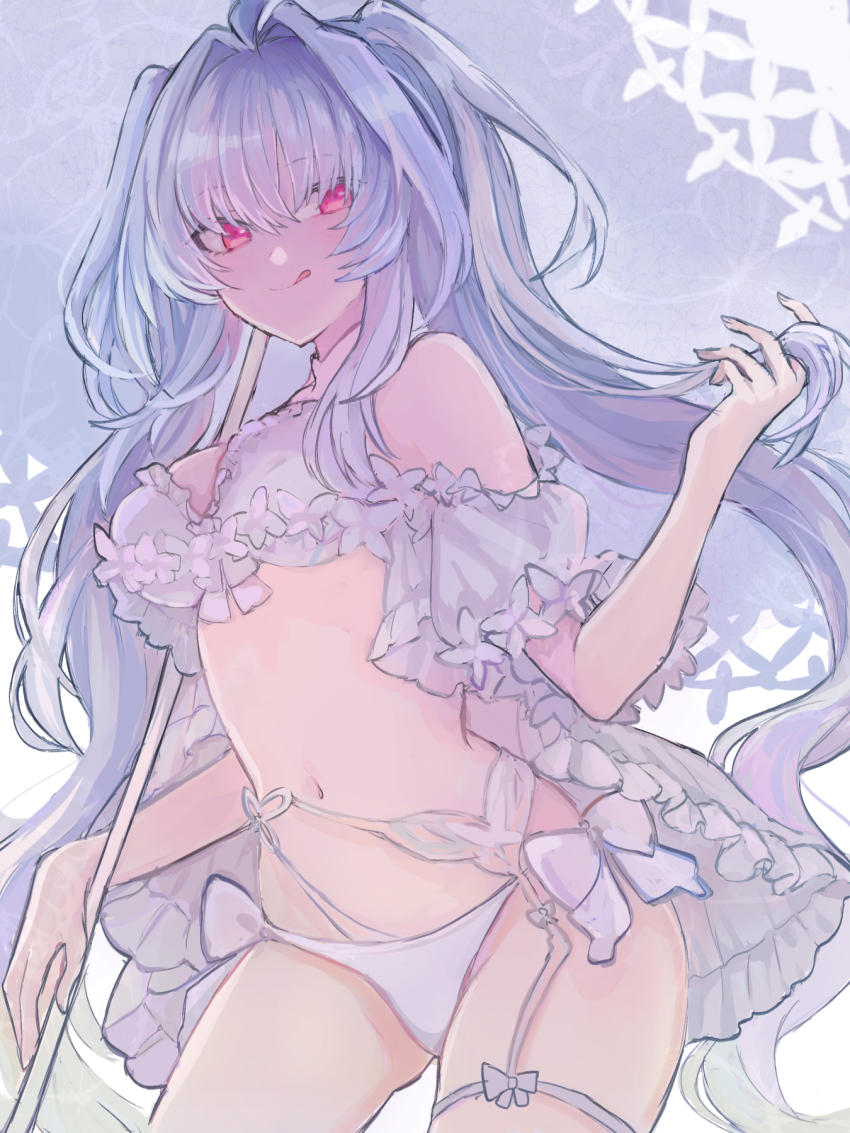 1girl, ahoge, bare_shoulders, bikini, breasts, cleavage, fate/grand_order, fate_(series), frilled_bikini, frills, highres, iroirokaname, lady_avalon_(fate), lady_avalon_(second_ascension)_(fate), licking_lips, long_hair, looking_at_viewer, medium_breasts, merlin_(fate/prototype), merlin_(swimsuit_pretender)_(second_ascension)_(fate/prototype), navel, parasol, purple_eyes, smile, solo, swimsuit, thighs, tongue, tongue_out, umbrella, very_long_hair, white_bikini, white_hair