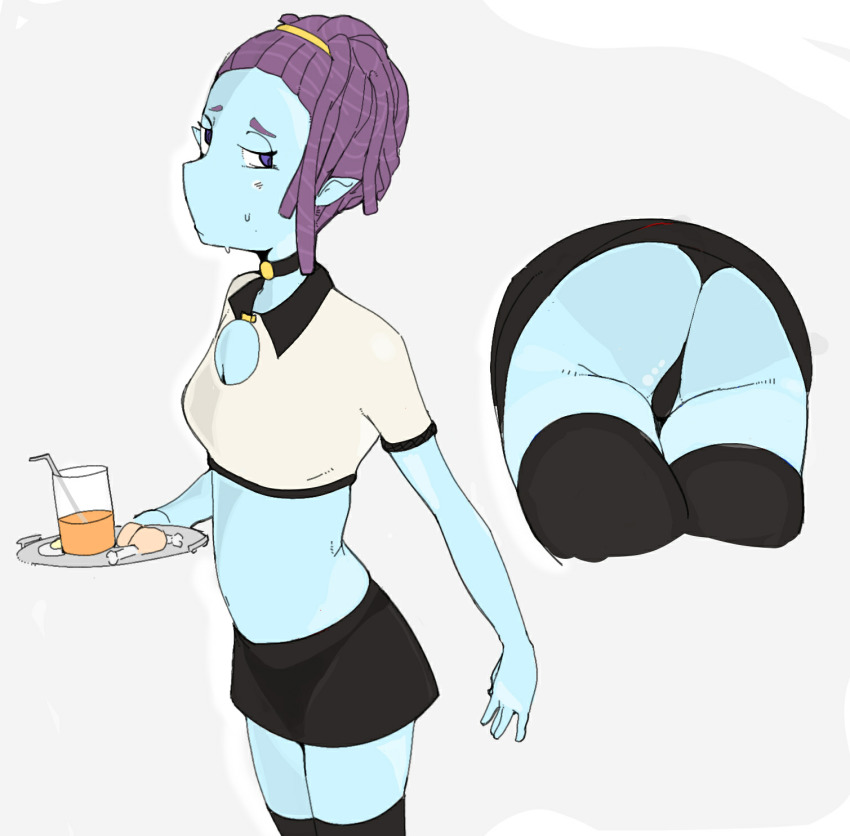 1girl, ass, bikini, blue_skin, colored_skin, dragon_ball, grapeforwine, highres, hotpants, macki_(dragon_ball), maid, panties, pantyshot, skirt, swimsuit, underwear