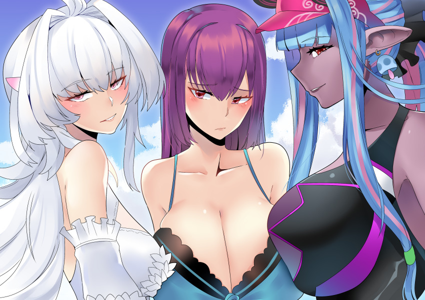 3girls, absurdres, ahoge, asymmetrical_docking, bare_shoulders, bikini, black_bikini, black_one-piece_swimsuit, blue_hair, blue_sky, blush, body_markings, breast_press, breasts, cleavage, collarbone, colored_skin, dark-skinned_female, dark_skin, earrings, fate/grand_order, fate_(series), frilled_bikini, frills, green_bikini, grey_skin, hair_between_eyes, highres, horns, huge_breasts, ibuki_douji_(fate), ibuki_douji_(swimsuit_berserker)_(fate), ibuki_douji_(swimsuit_berserker)_(first_ascension)_(fate), jewelry, kuroeart, lady_avalon_(fate), lady_avalon_(second_ascension)_(fate), large_breasts, long_hair, looking_at_viewer, medium_breasts, merlin_(fate/prototype), merlin_(swimsuit_pretender)_(second_ascension)_(fate/prototype), multicolored_bikini, multicolored_hair, multiple_girls, one-piece_swimsuit, oni, oni_horns, pink_hair, pink_headwear, pink_one-piece_swimsuit, pointy_ears, ponytail, purple_eyes, purple_hair, red_eyes, scathach_(fate), scathach-skadi_(fate), scathach-skadi_(swimsuit_ruler)_(final_ascension)_(fate), sidelocks, sky, smile, swimsuit, tail, two-tone_bikini, two-tone_swimsuit, very_long_hair, visor_cap, white_bikini, white_hair