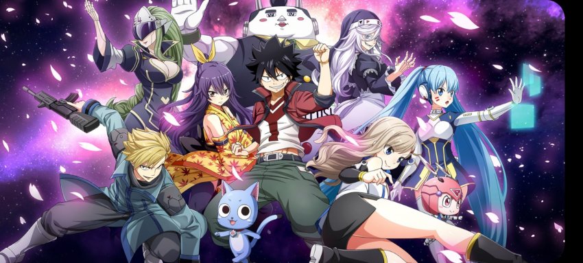 4boys, 6+girls, black_hair, blonde_hair, blue_eyes, breasts, cleavage, detached_sleeves