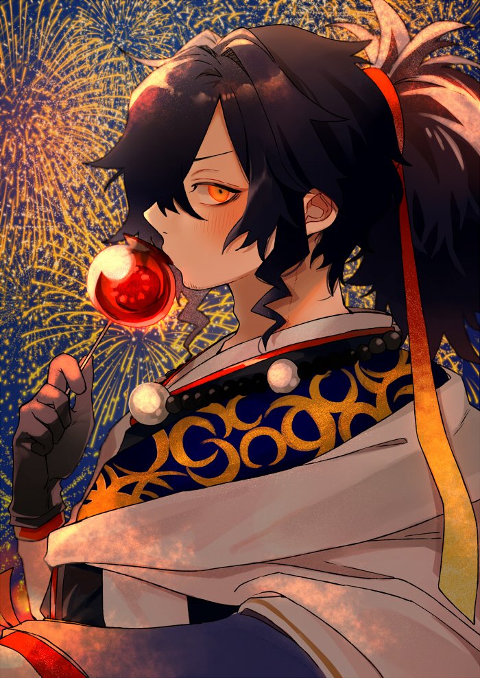 1boy, black_gloves, black_hair, blush, candy, candy_apple, closed_mouth, commentary_request