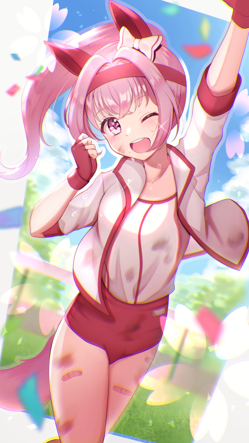 1girl, :d, animal_ears, arm_up, bandaid, bandaid_on_leg, blush, buruma