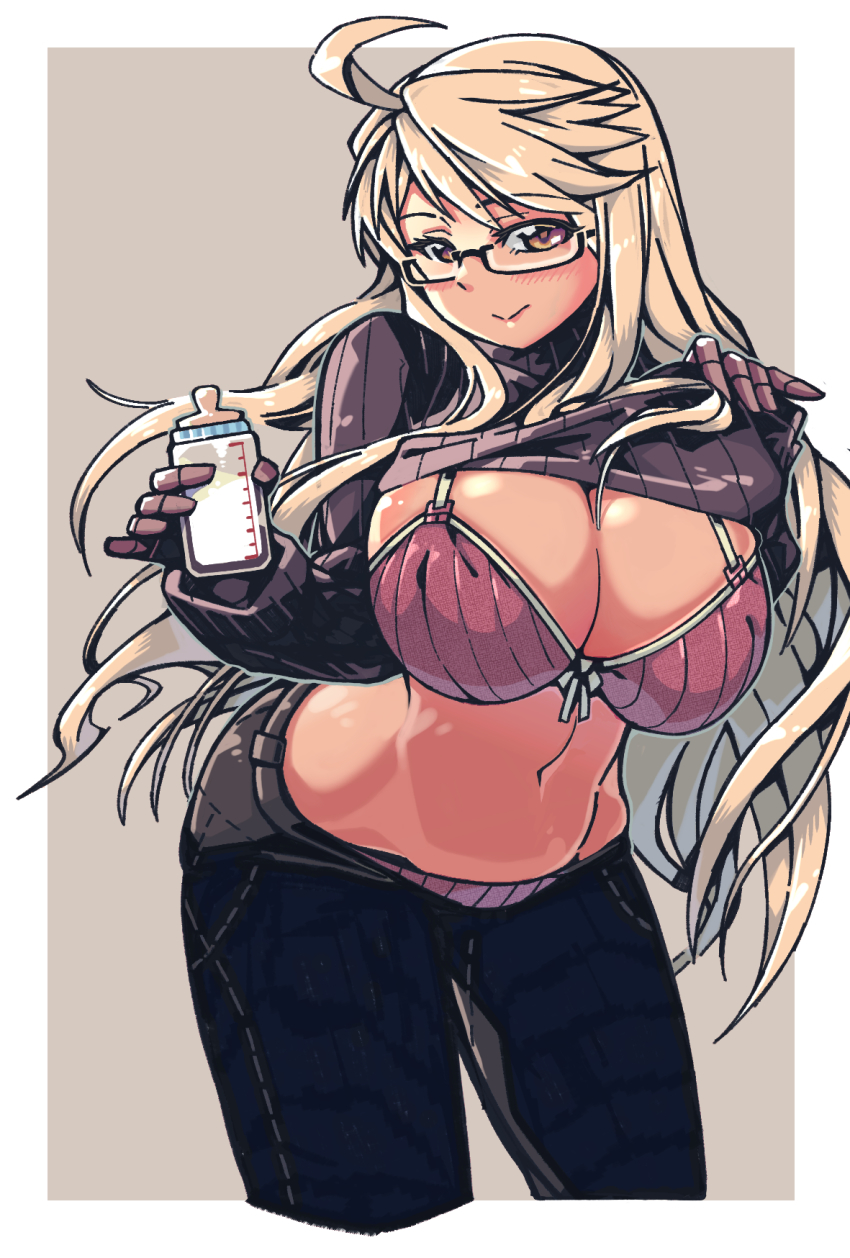 1girl, :>, ahoge, alma_armas, black-framed_eyewear, black_pants, blonde_hair, blush