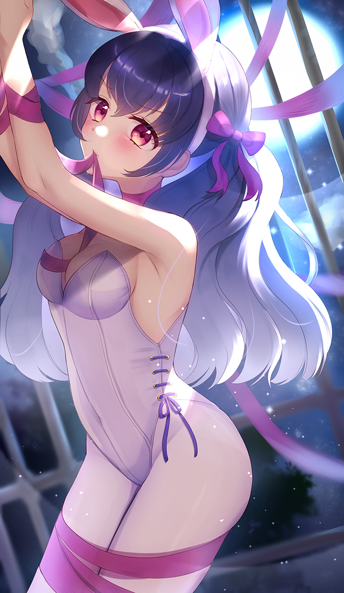 1girl, aikatsu!_(series), aikatsu_friends!, aikatsu_on_parade!, animal_ears, arms_up, between_breasts, blue_hair, blush, bound, breasts, choker, cross-laced_clothes, cross-laced_leotard, fake_animal_ears, hair_ribbon, hairband, kowano, leotard, long_hair, moon, mouth_hold, night, pantyhose, pink_eyes, playboy_bunny, rabbit_ears, ribbon, ribbon_bondage, ribbon_in_mouth, shirayuri_kaguya, sideboob, sky, solo, wavy_hair, white_pantyhose, window