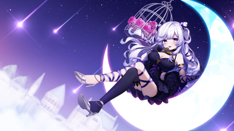 1girl, birdcage, blue_eyes, cage, dress, flower, hair_ornament, hazakura_chikori, heterochromia, key_visual, long_hair, looking_at_viewer, moon, night, official_art, otogi_nemu, promotional_art, purple_eyes, re:act, sitting, smile, twintails, virtual_youtuber, white_hair