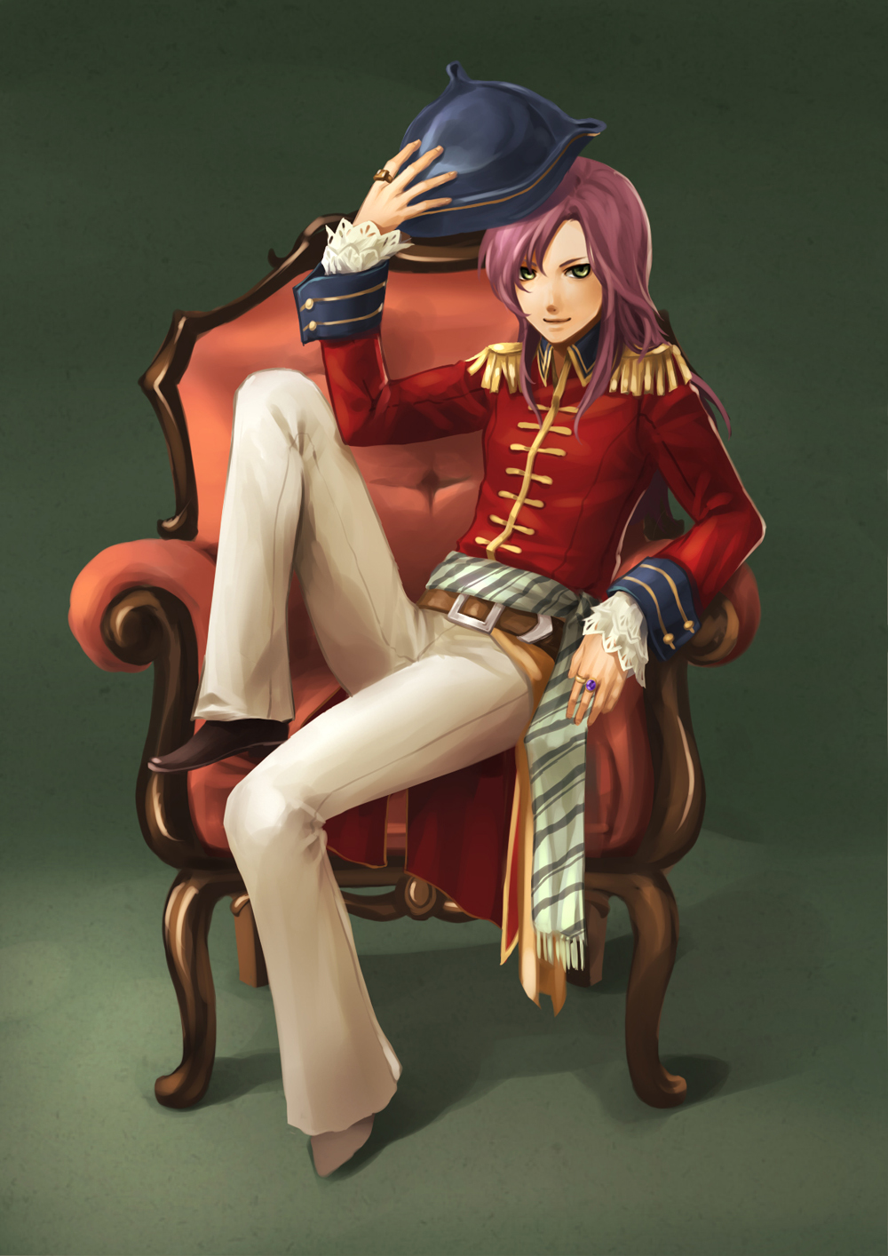 1990s_(style), 1girl, androgynous, belt, cannoneer, chair, coat, faris_scherwiz, female_focus, final_fantasy, final_fantasy_v, full_body, green_eyes, hat, highres, jewelry, long_hair, meno_(pixiv), pants, pirate_costume, purple_hair, retro_artstyle, reverse_trap, ring, sitting, smile, solo, unworn_hat, unworn_headwear, velvet_revolver
