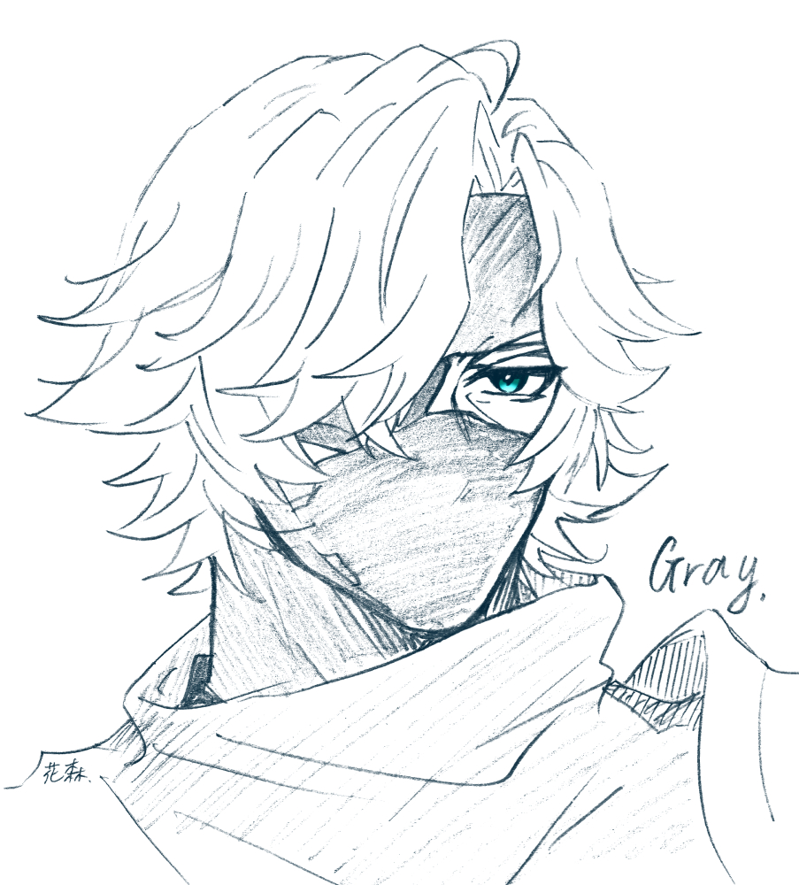 1boy, blue_eyes, eyepatch, graphite_(medium), gray_(xenoblade), hanamori00, headband, mask